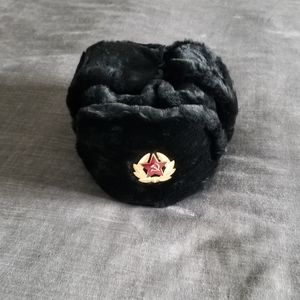 Russian Faux Fur Military Ushanka Hat w/Soviet Arm